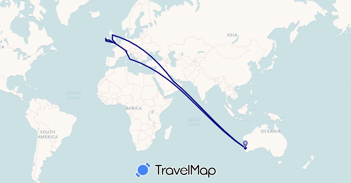 TravelMap itinerary: driving in Australia, Switzerland, United Kingdom, Ireland, Italy, Qatar (Asia, Europe, Oceania)